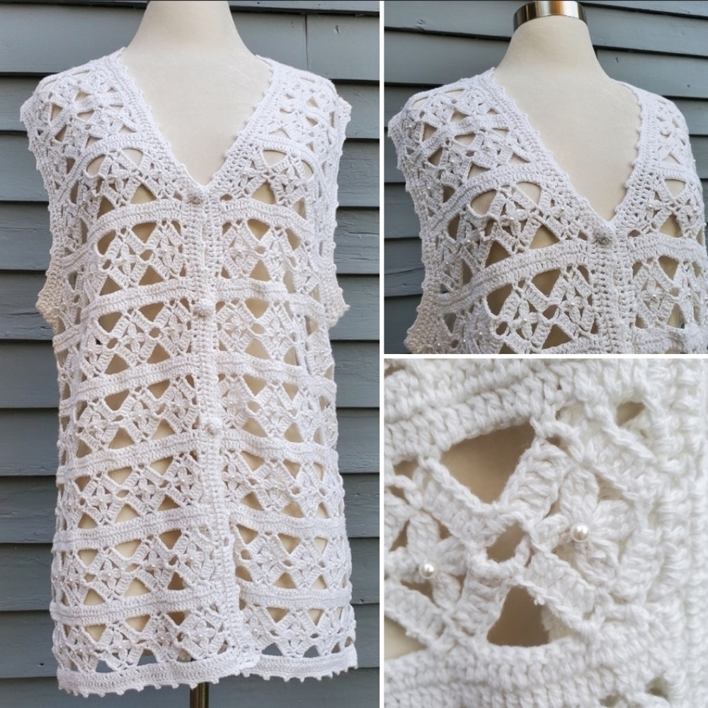 Portraits by Northern Isles Hand Knit Crocheted Beaded Sweater Vest‎ Cardigan L